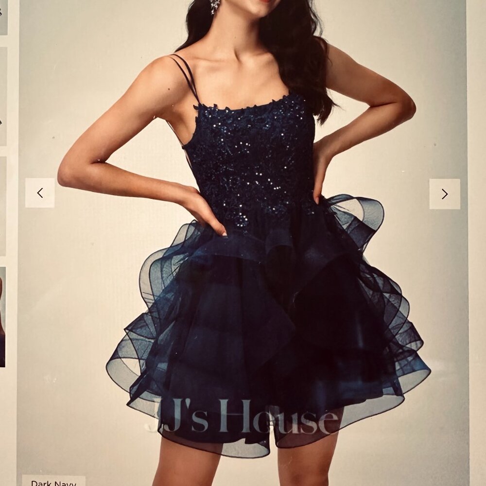 NWT JJs House Dark Navy Spaghetti Straps, Lace & Sequins Tulle Mini Dress